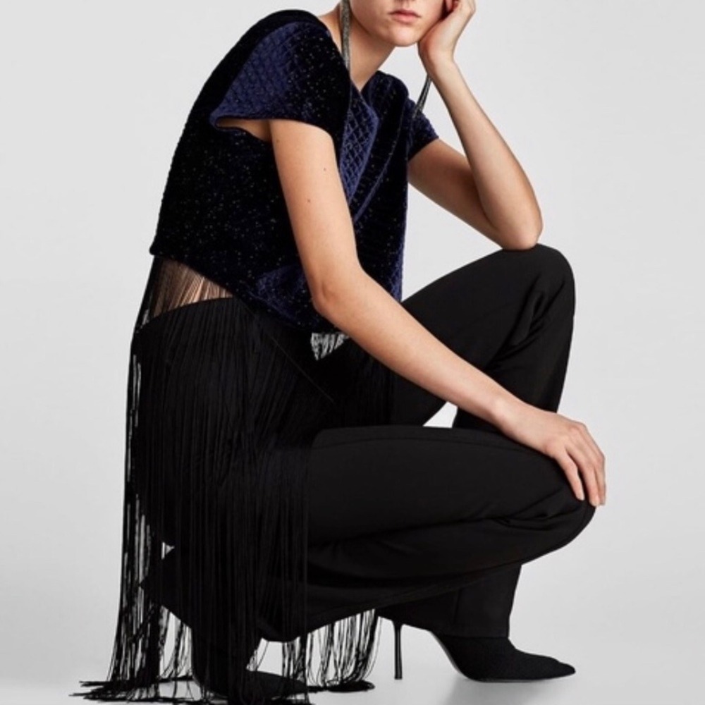 NWT Zara Navy Blue Quilted‎ Velvet & Rhinestone Fringe Crop Top Size Medium